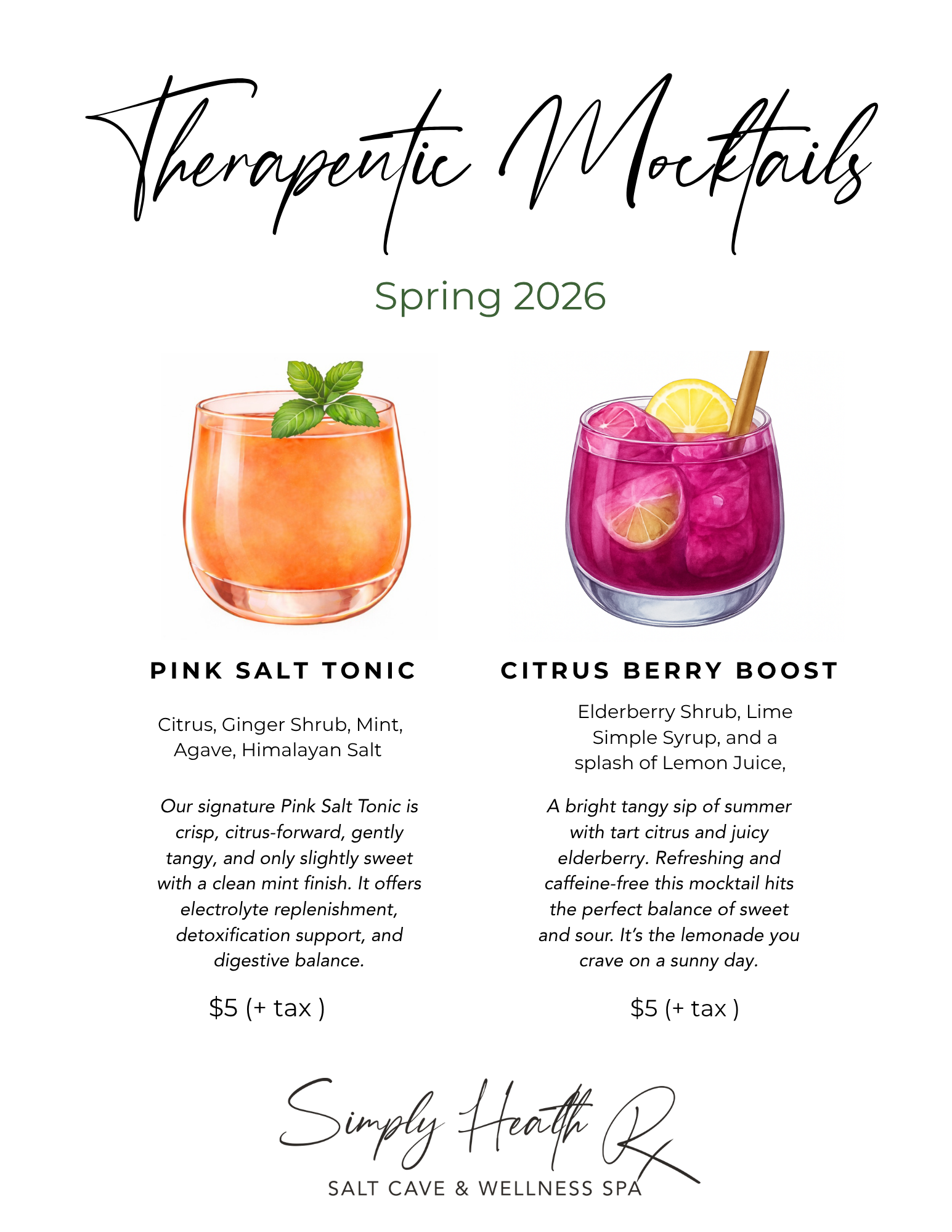 Therapeutic Mocktails Menu — Spring 2026 at Simply Health Rx